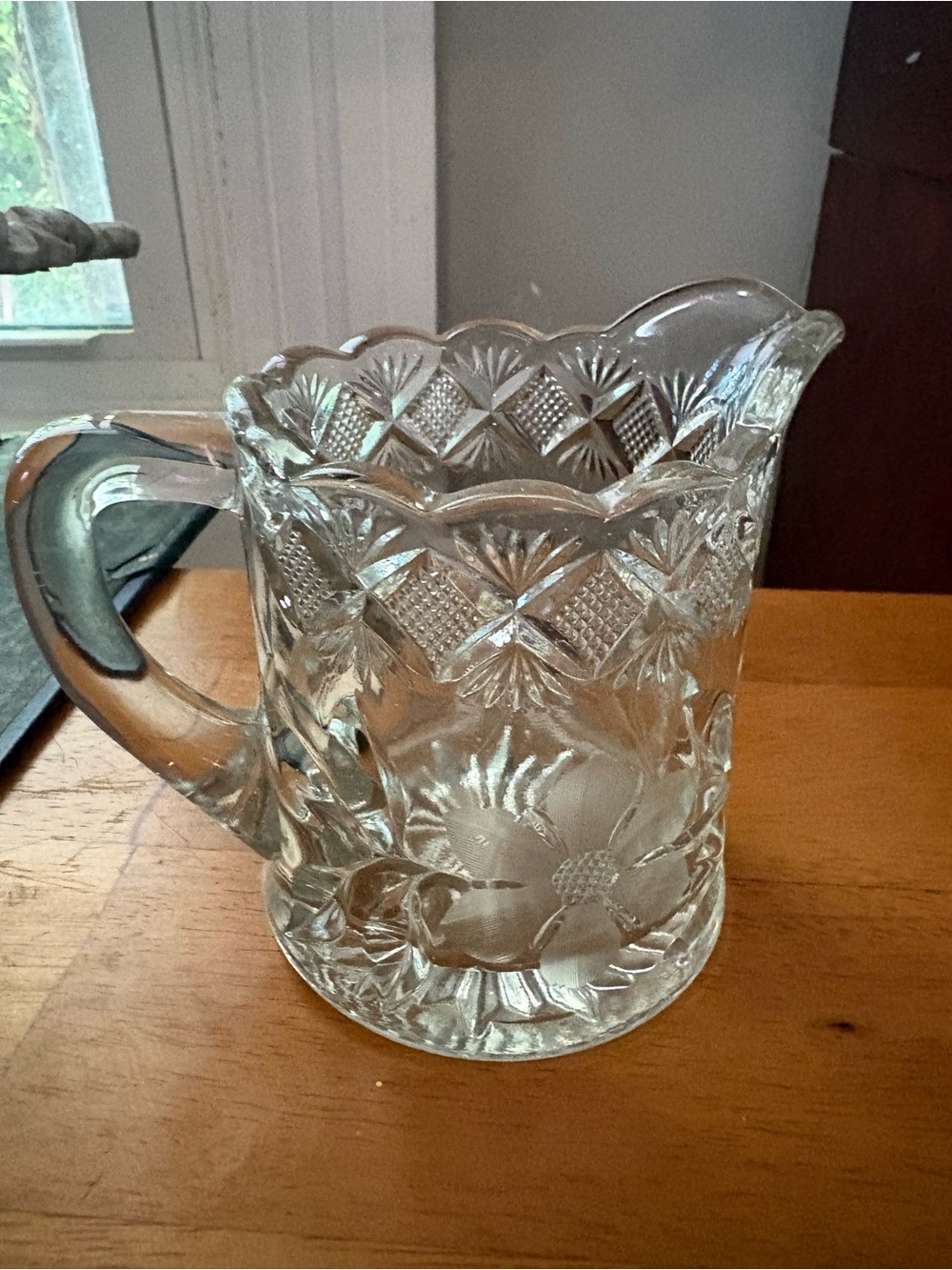 Clear Pressed Glass Water Pitcher with Floral Cut Pattern